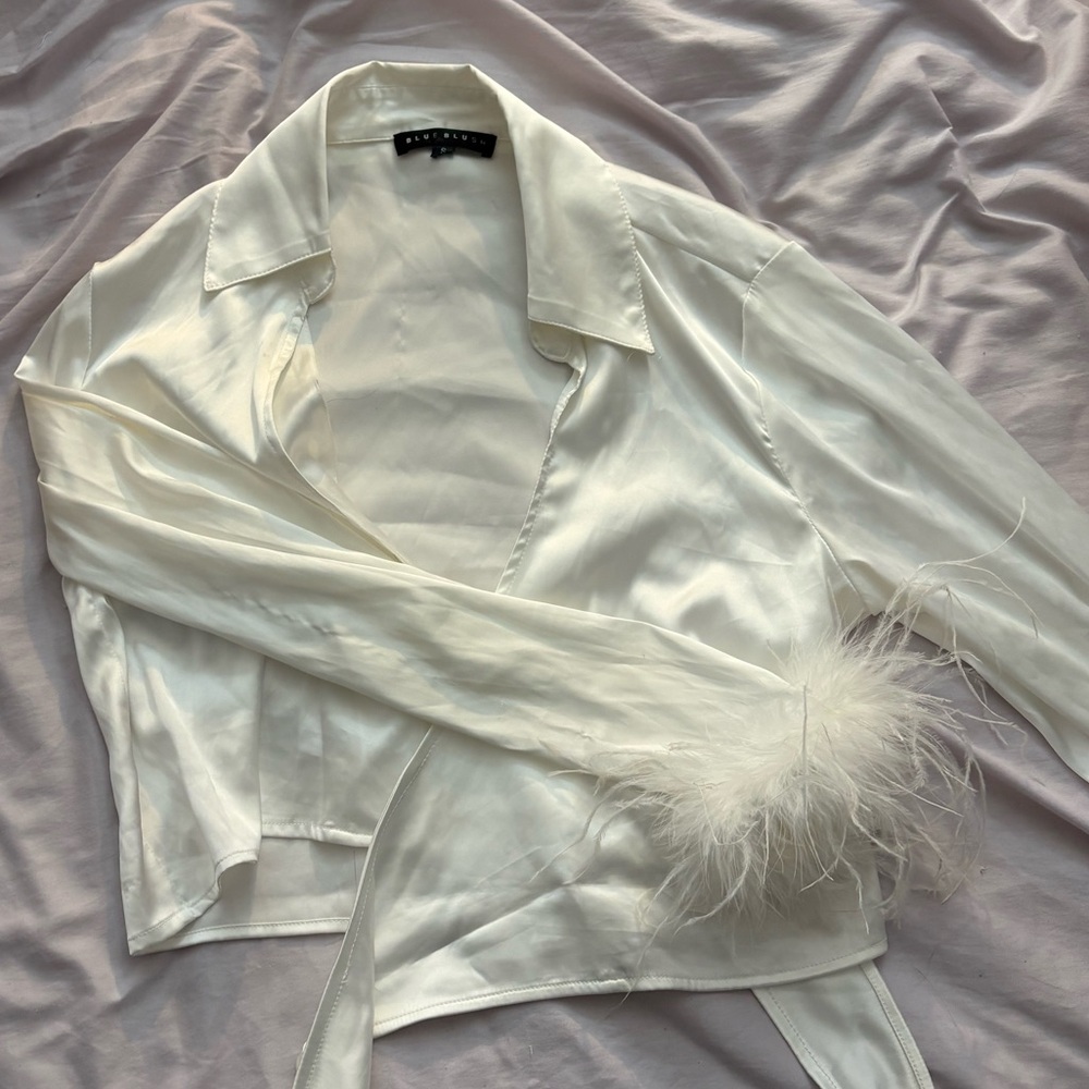 Satin Wrap Top with Feather Cuffs